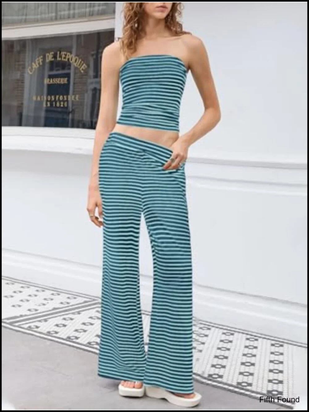 Striped 2 Piece Lounge Set: Strapless Crop Top & Wide Leg Pants